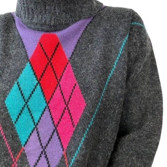 Valerie Stevens Gray Angora Wool Preppy Argyle Dark Academia Turtleneck Sweater - Picture 4 of 7